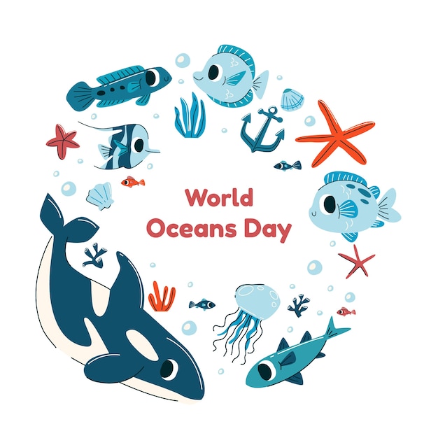 Illustrazione disegnata a mano di giornata mondiale degli oceani