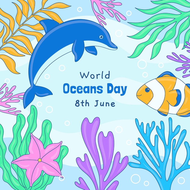 Hand drawn world oceans day illustration