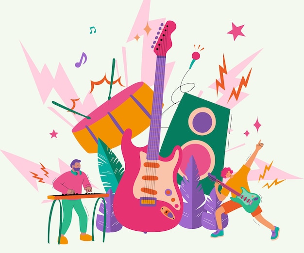 Vector hand drawn world rock day illustration with band and musical instruments