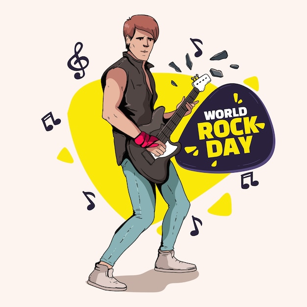 Vector hand drawn world rock day illustration with male musician