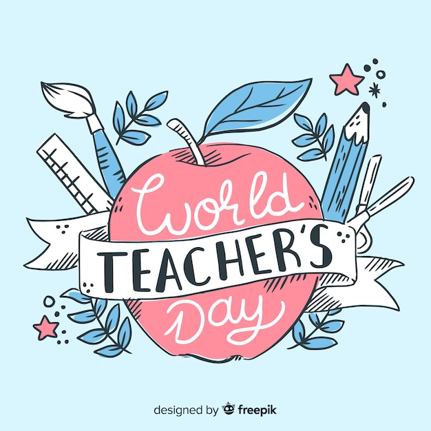 Vector hand drawn world teachers day on red apple