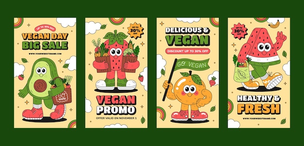 Vettore collezione di storie di instagram della giornata mondiale vegana disegnata a mano