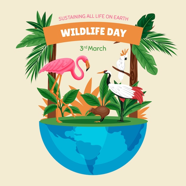 Vector hand drawn world wildlife illustration with flora and fauna