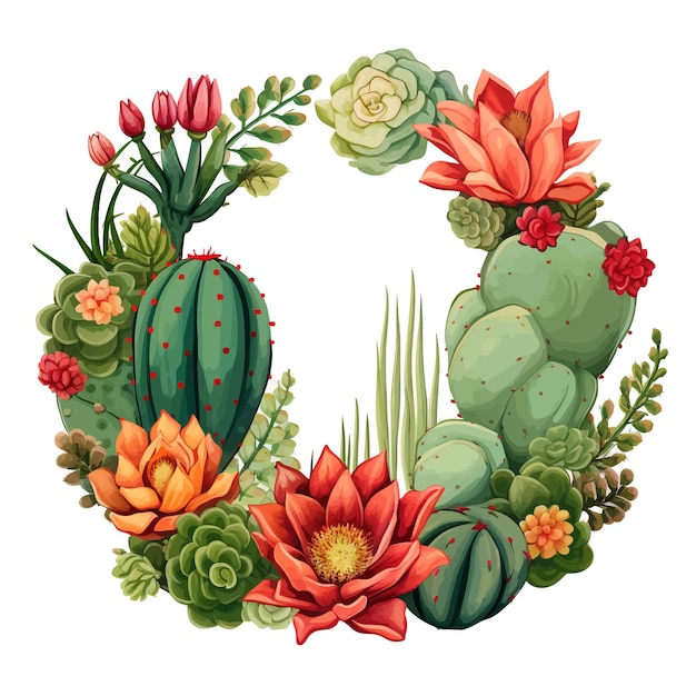 Hand drawn wreath of cacti and succulent plants cartoon vector illustration clipart white background