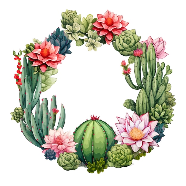 Vector hand drawn wreath of cacti and succulent plants cartoon vector illustration clipart white background