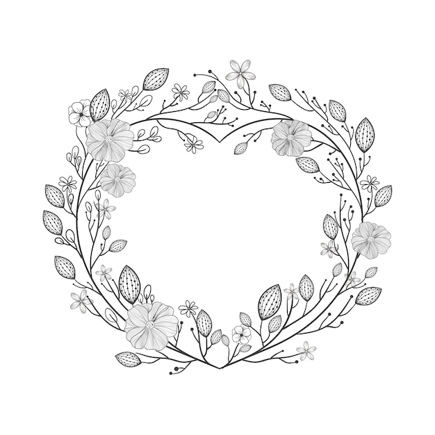 Hand Drawn Wreath or Floral Frame In Heart Shape Generative AI Illustration