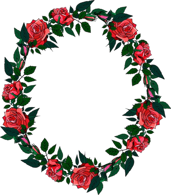 Hand drawn wreath of roses and leaves