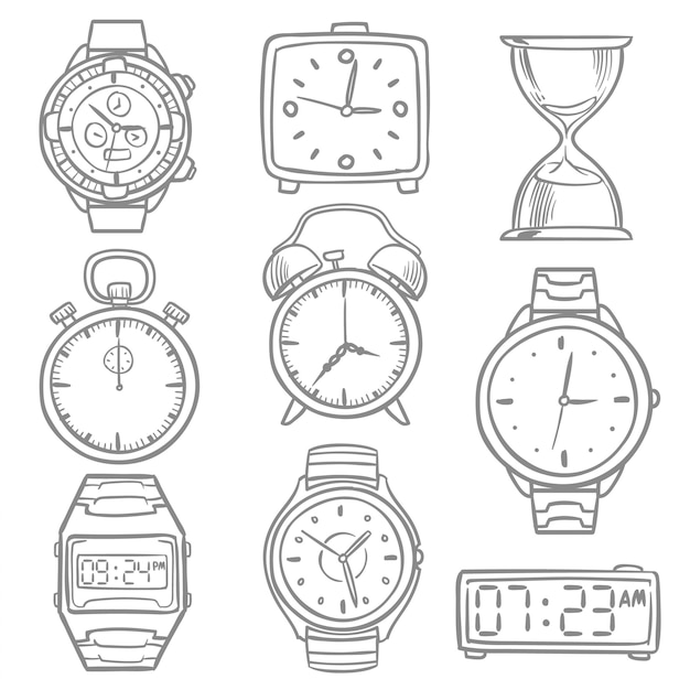 Vector hand drawn wristwatch, doodle sketch watches, alarm clocks and timepiece vector set. illustration of time and watch, stopwatch sketch and digital wristwatch