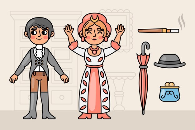 hand drawn xviii century historic characters illustration