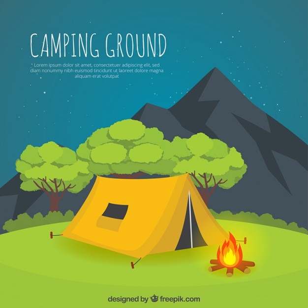 Hand drawn yellow camping tent in a nightscape