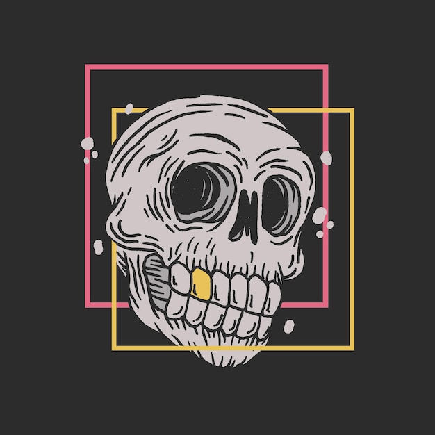 Vector hand drawn yellow and pink line skull illustration on black background