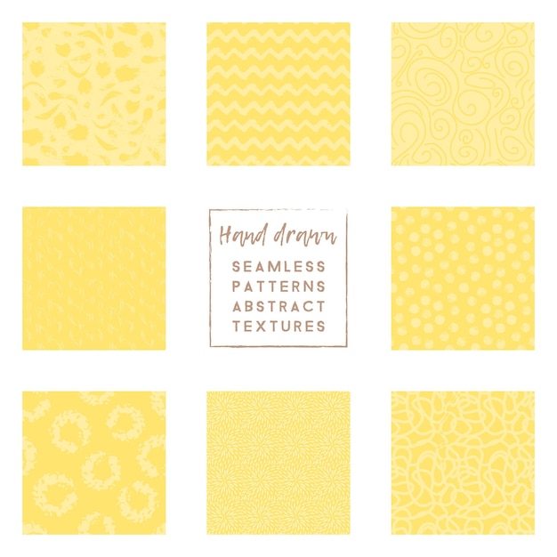 Vector hand drawn yellow primitive brush stroke elements seamless patterns set