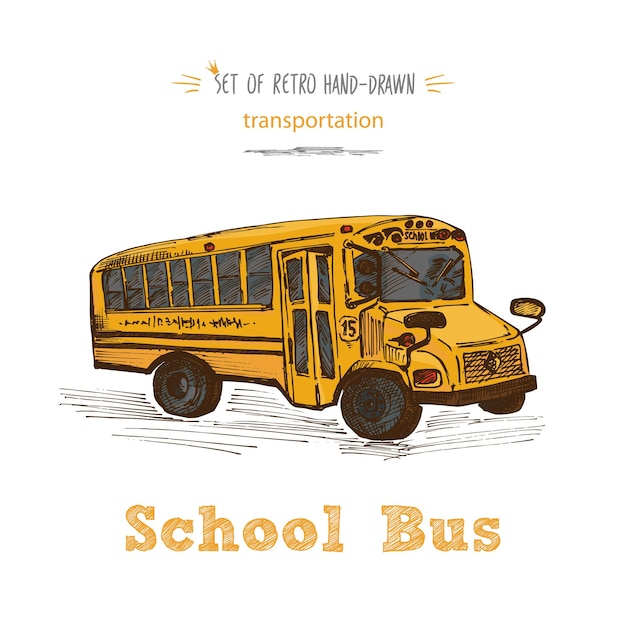 손으로 그린 노란색 스쿨 버스 기호 흰색 배경에 텍스트 스쿨 버스 빈티지 배경 칠판 디자인에 대한 좋은 아이디어