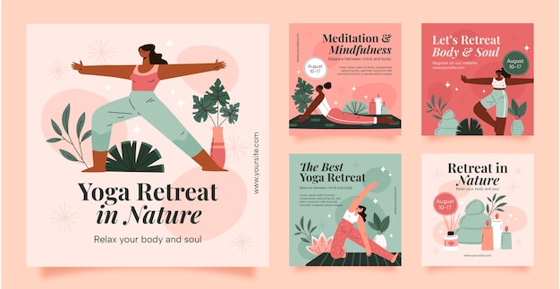 Vector hand drawn yoga retreat instagram posts