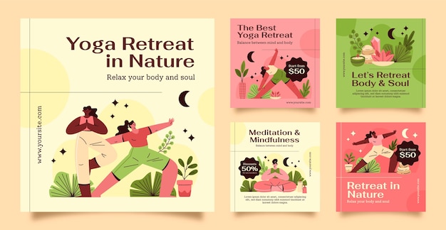 Vector hand drawn yoga retreat instagram posts