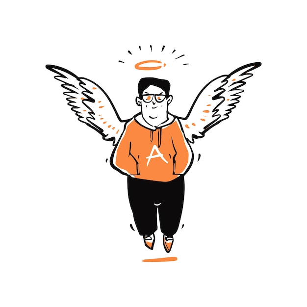 Vector hand drawn young man with angel wings.