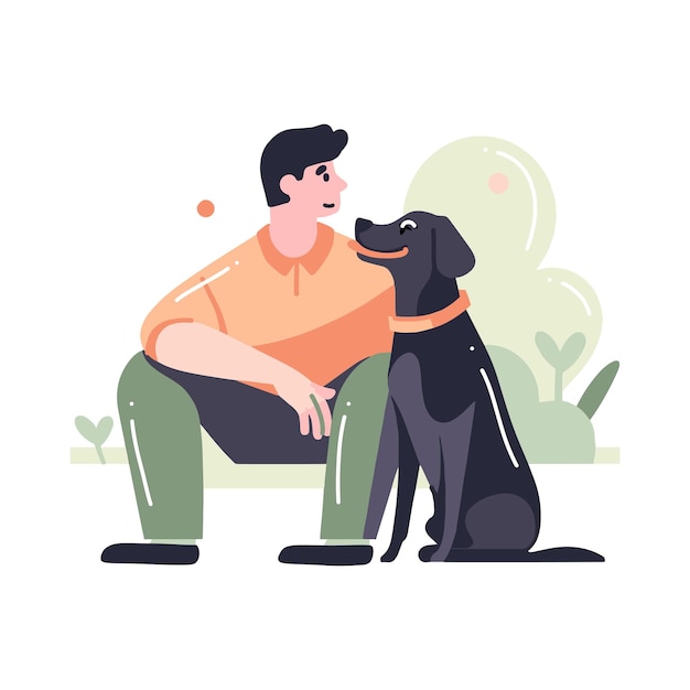 Hand drawn young man with dog in flat style