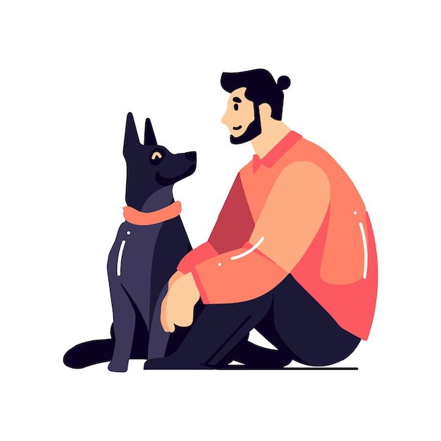 Hand Drawn young man with dog in flat style