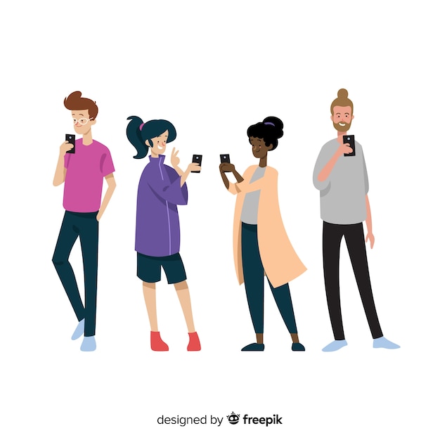 Vector hand drawn young people using smartphone set