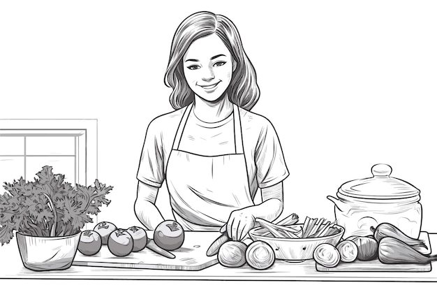 Hand drawn young woman cooking in the kitchen Cartoon smiling character with apron