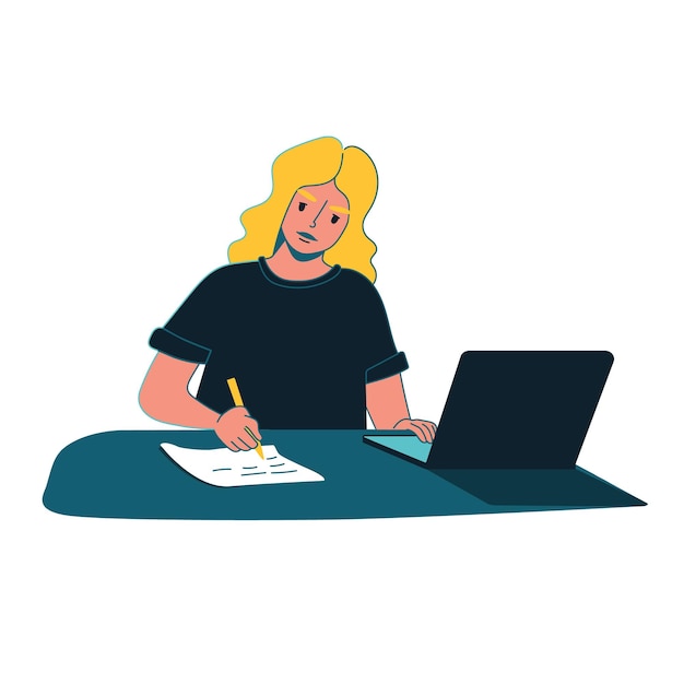 Hand drawn young woman sits at her laptop taking notes the concept of online learning distance learning a student does their homework on an isolated white background color vector illustration