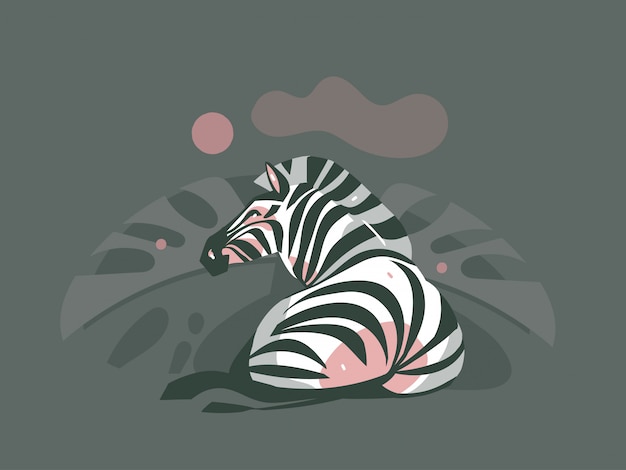Hand drawn  zebra animal and tropical palm leaves isolated on dark color background