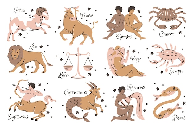 Collezione di segni zodiacali disegnati a mano