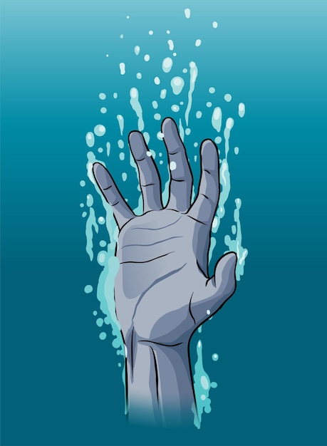 Hand drowning illustration with cool color tone