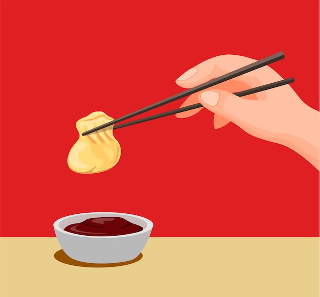 Vector hand dumpling with chopstick to sauce.traditional chinese food symbol in cartoon illustration