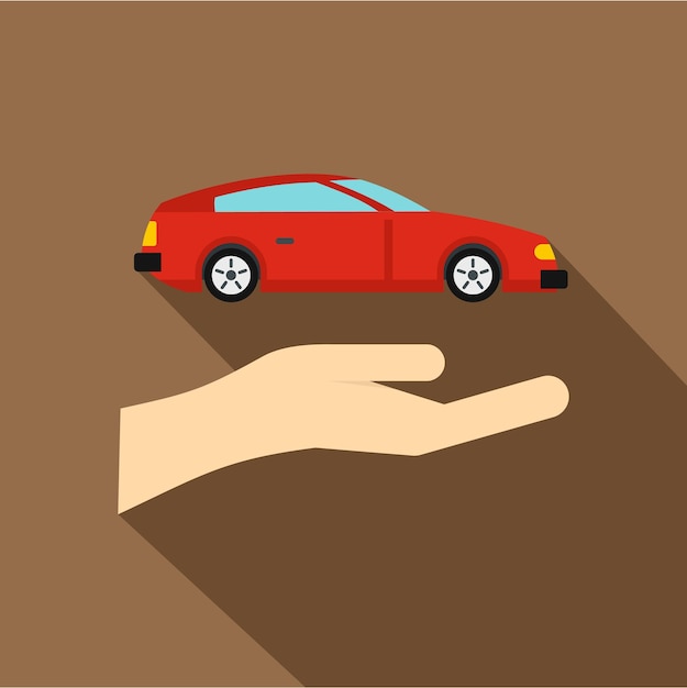 Hand en rode auto pictogram Vlakke afbeelding van hand en auto vector pictogram voor web geïsoleerd op koffie achtergrond