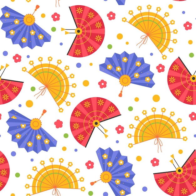 손 팬 원활한 패턴 일본 접는 게이샤 액세서리 다른 디자인 문화 아시아 요소 빈티지 도구 흰색 배경 장식 섬유 벡터 인쇄에 고립
