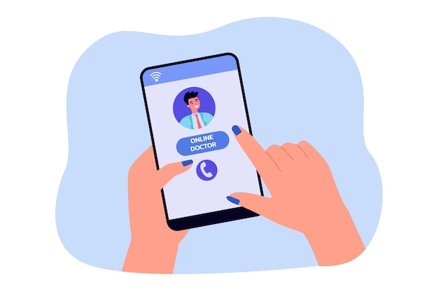 Hand of female patient consulting online doctor via smartphone. Medical professional on phone screen flat vector illustration. Technology, health concept for banner, website design or landing web page