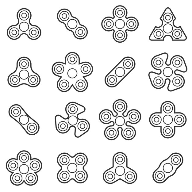 Hand fidget spinner toy vector line style icon set