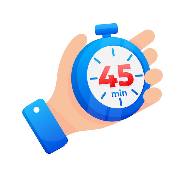 Hand firmly gripping a blue stopwatch set to 45 minutes with a prominent red highlight on the timer