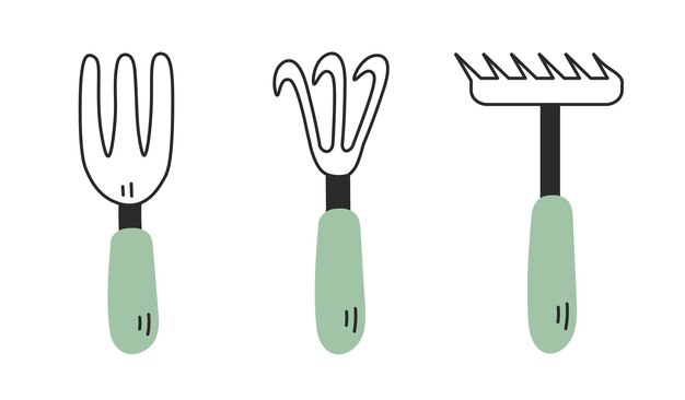 Vector hand garden rake set doodle illustration