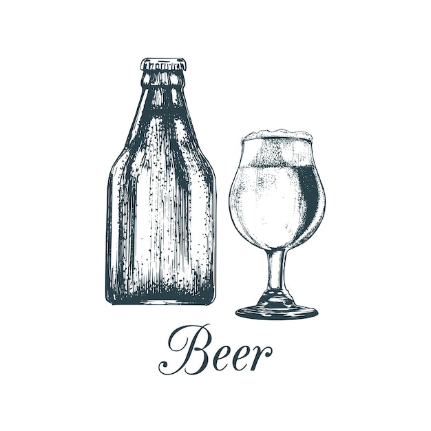 Hand geschetst ambachtelijke bierfles en glas vector pils illustratie grafisch ontwerpconcept voor bar café restaurant alcoholische menu