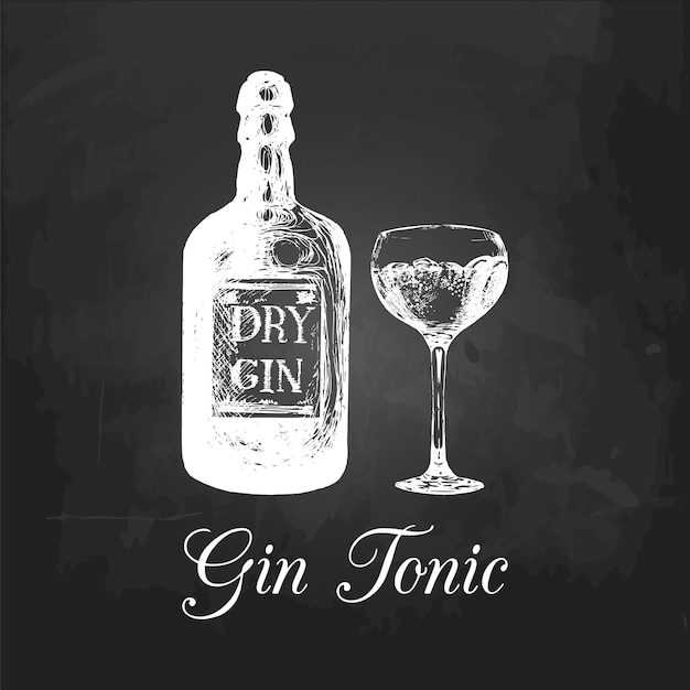 Hand geschetst gin fles en tonic glas Alcoholische drank tekening op schoolbord Vectorillustratie van traditionele cocktail voor café-bar restaurant menu