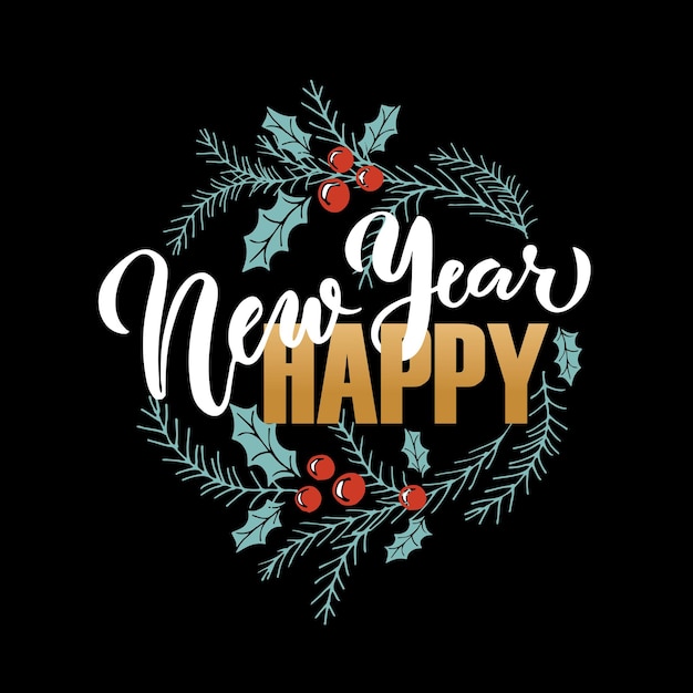 Hand geschetst logo badge typografie ingesteld voor nieuwjaar vakantie seizoen belettering happy new year