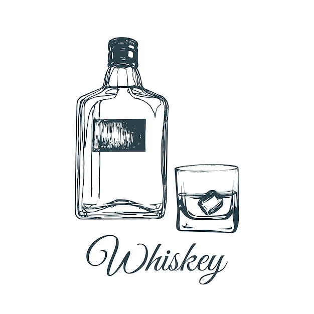 Hand geschetst whisky fles en glas vectorillustratie van scotch set Vintage alcoholische drank menu ontwerpconcept voor bar restaurant enz