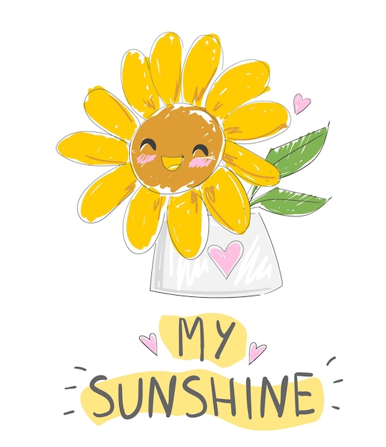 Hand geschetst zonnebloem schattige bloem illustratie met belettering mijn zonneschijn