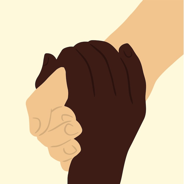 Vector hand gesture of 2 people with different skin color help each other on white background flat vector