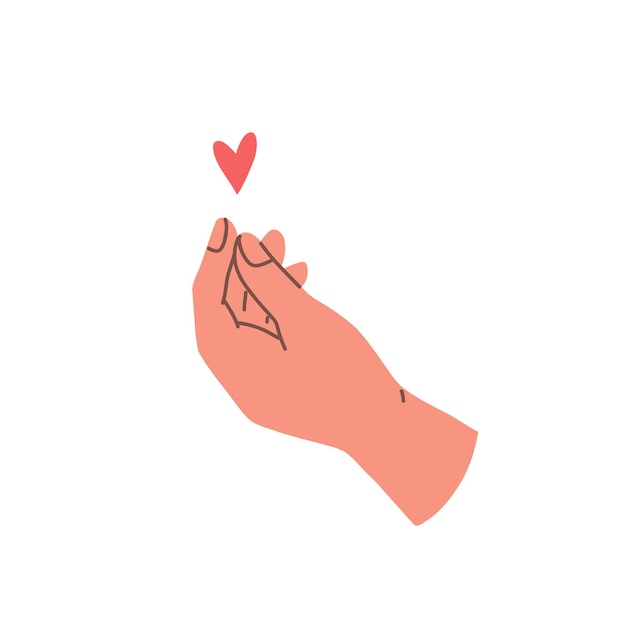 Hand gesture expressing love. Hand holding red heart. Vector flat illustration