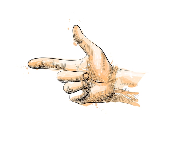 Hand gesture, finger Gun from a splash of watercolor, hand drawn sketch.  illustration of paints