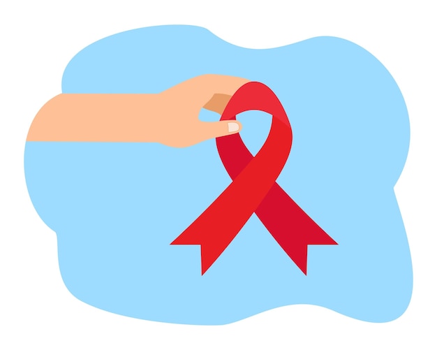 Вектор Жест рукой, дающий красную ленту в знак уважения к всемирному дню рака или осведомленности о раке