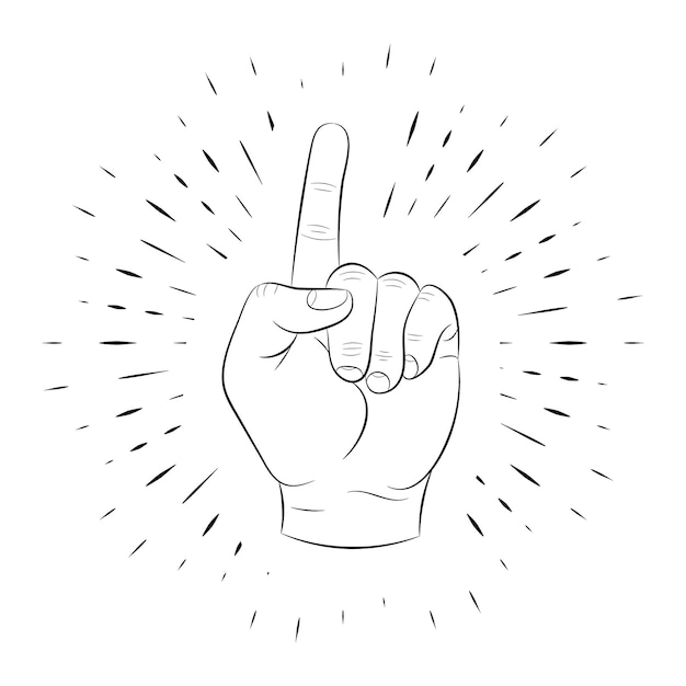 Hand gesture, index finger up, idea, thought. Hand-drawn, contour, against a background of linear rays. For registration of posters, banners, logos. 10 eps