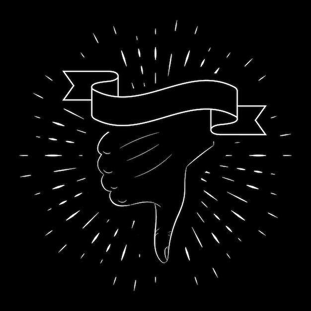 Hand gesture, thumb down, disliked, contour, against a background of linear rays. for registration of posters, banners, logos. black background. 10 eps