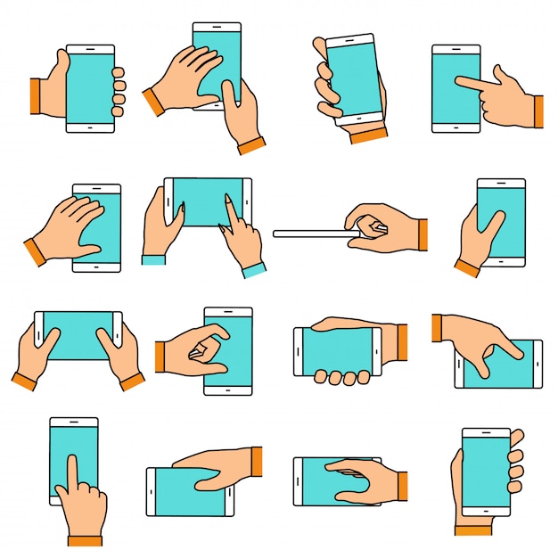 Gesto della mano sul touch screen. mani che tengono smartphone o altri dispositivi digitali. icone di linea impostate con elementi di design piatto.