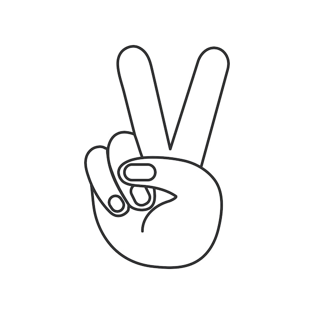 Hand gesture V sign as victory or peace icon illustration in outline 70s style