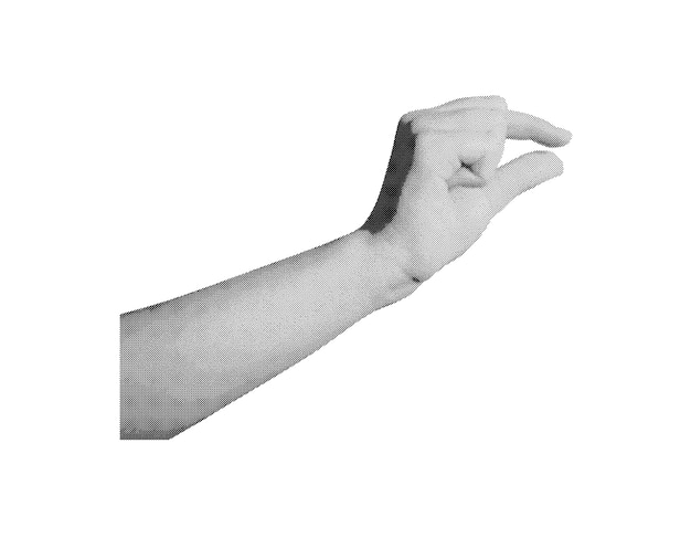 Hand gesture with thumb and index finger showing invisible size isolated in retro halftone dot