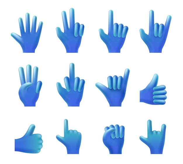 Vector hand gestures collection 3d pointed finger gesture high five or hello waving hand thumbs up like and victory vector illustration set communication with signals body language emoji